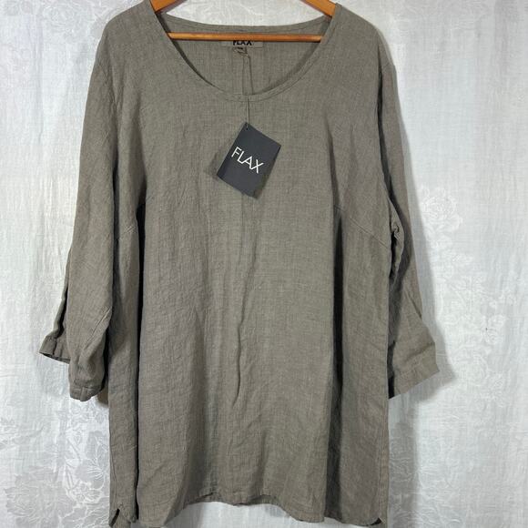 Flax Top 2G 22 24 Tan 100% Linen NEW Lagenlook Boxy Jeanne Engelhart - Picture 1 of 10